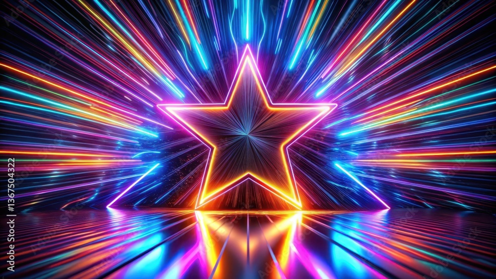 Fototapeta premium Radiant Neon Starburst A Vibrant, Futuristic Light Show with a Reflective Surface