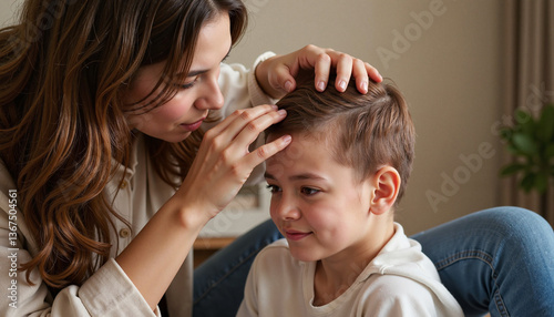 Caring mother styling son's hair at home  
