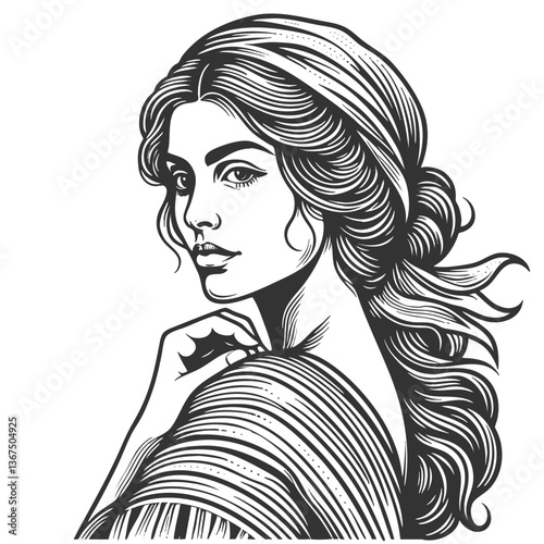 Italian woman with wavy hair and traditional features, wearing a draped garment in classic style sketch engraving generative ai fictional character vector illustration. Scratch board. Black and white.