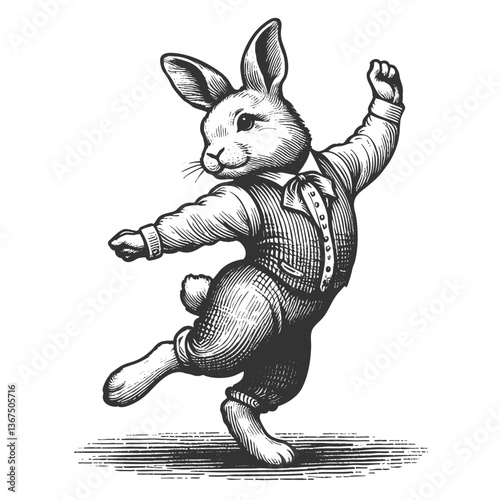rabbit wearing a jacket and dancing playfully, drawn in an engraved, woodcut style with fine details sketch engraving generative ai vector illustration. Scratch board imitation. Black and white image.