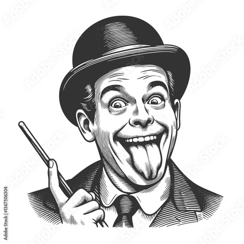 Silly stupid facial expression gentleman with curled mustache and top hat sticking out his tongue sketch engraving generative ai vector illustration. Scratch board imitation. Black and white image.