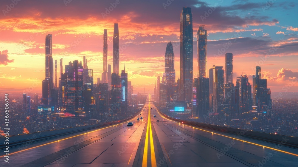 Fototapeta premium Futuristic City Sunset Highway Digital Art Landscape