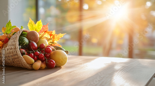 Beautiful autumn nature concept. Harvest festival. Fall fruit and vegetables on wood. sunlight background. 