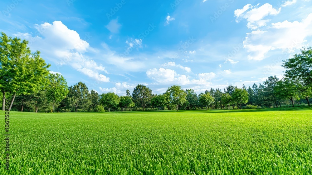 Obraz premium Lush green grass stretches under a bright blue sky dotted with clouds, framed by vibrant trees in a serene landscape, Green Technology.