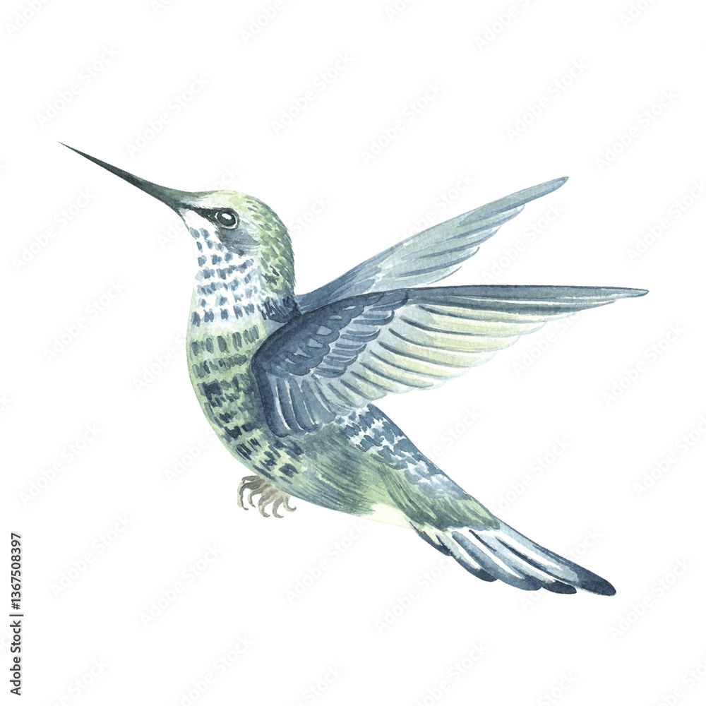 Fototapeta premium Flutering blue green hummingbird watercolor isolated illustration. Small tropical bird with spread wings flies. Jungle flying wild animals. Hand drawn clipart in realistic stile for rainforest designs