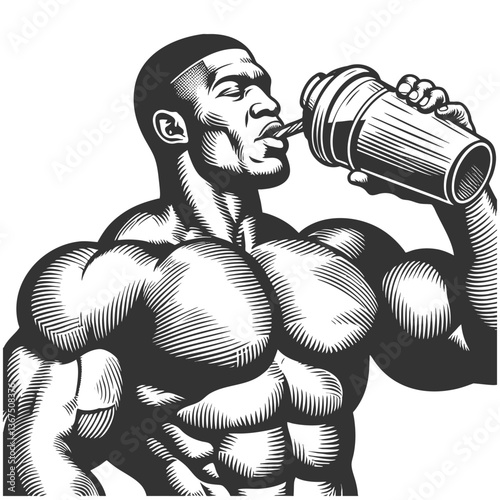strong, muscular man drinking a protein shake, symbolizing fitness, nutrition, and bodybuilding dedication sketch engraving generative ai vector illustration. Scratch board. Black and white image.