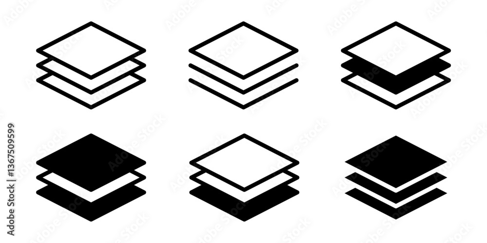 Layers icon set. Layer 1, 2, 3, 4, 5, 6, 7, 8, 9, 10. Logo layers, levels, tiers, sheets icons. Fabric floor layers symbol absorbent of material stack vector. Surface levels technology for business.