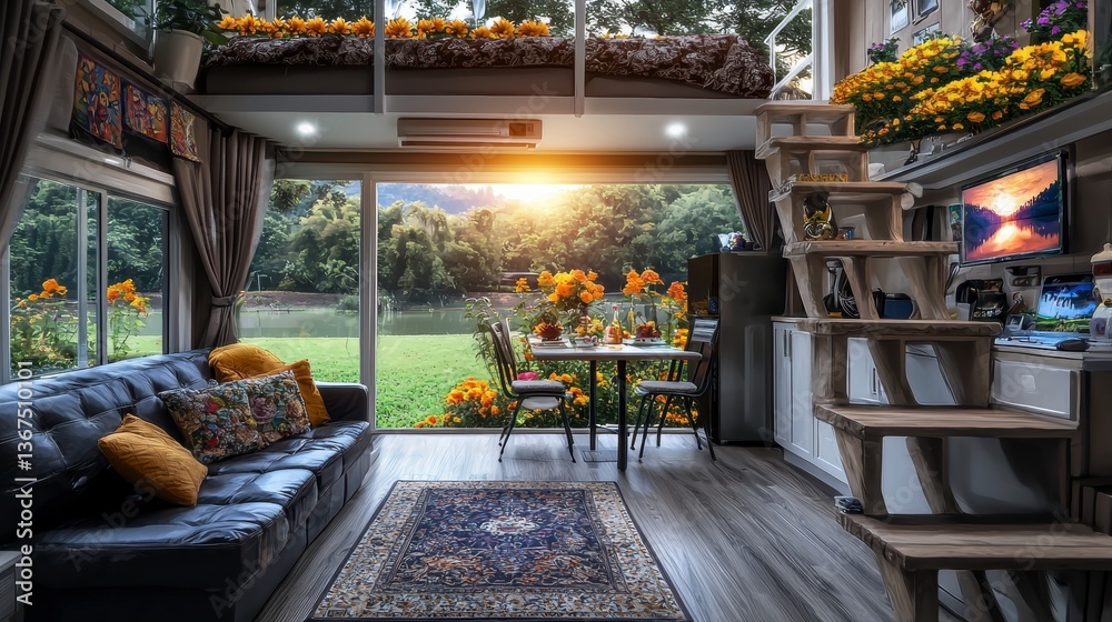 Cozy tiny house living room featuring comfortable couch and modern tv with inviting atmosphere and ample natural light Cozy tiny house living room featuring comfortable couch and modern tv with inviting atmosphere and ample natural light