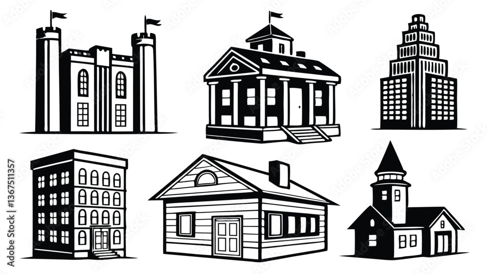 Fototapeta premium Collection of Hand-Drawn Black and White House Illustrations 