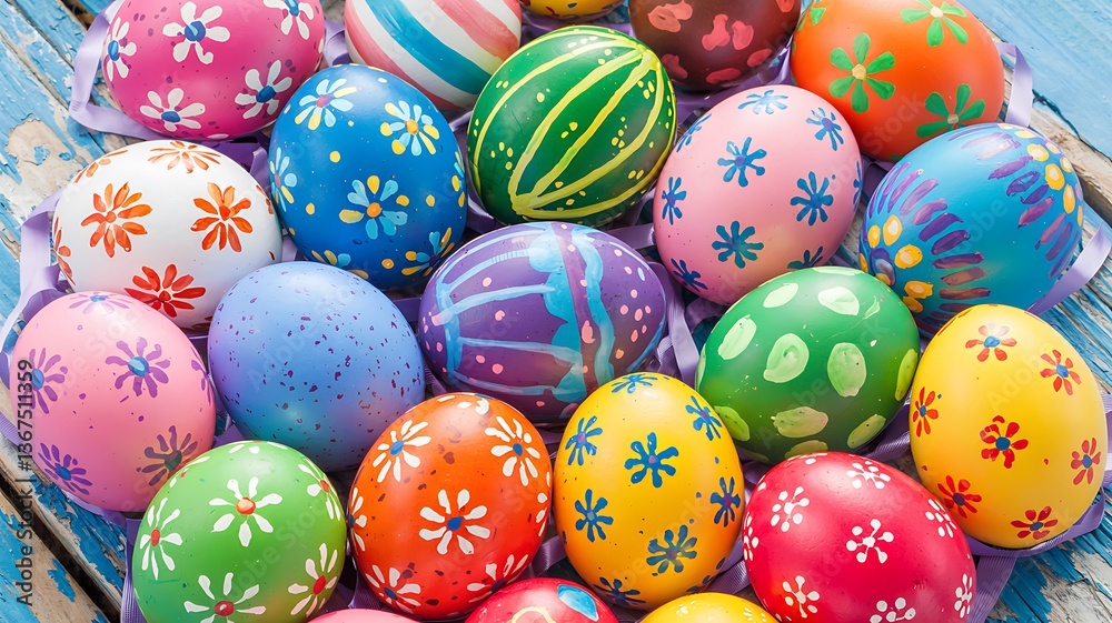 Vibrant Hand-Painted Easter Eggs with Unique Artistic Patterns Colorful Designs Arranged on Rustic Blue Wooden Surface with Festive Spring Elements for a Cheerful and Joyful Easter Holiday Celebration Vibrant Hand-Painted Easter Eggs with Unique Artistic Patterns Colorful Designs Arranged on Rustic Blue Wooden Surface with Festive Spring Elements for a Cheerful and Joyful Easter Holiday Celebration