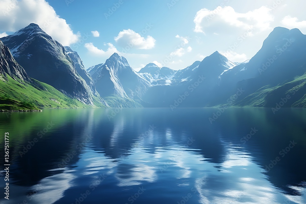 Lake Reflecting Snowy Mountain Range Under a Sunny Blue Sky Lake Reflecting Snowy Mountain Range Under a Sunny Blue Sky