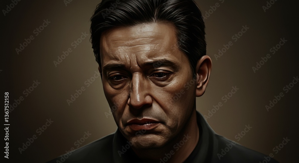 Portrait of a man with a melancholic expression, conveying sadness and grief Portrait of a man with a melancholic expression, conveying sadness and grief
