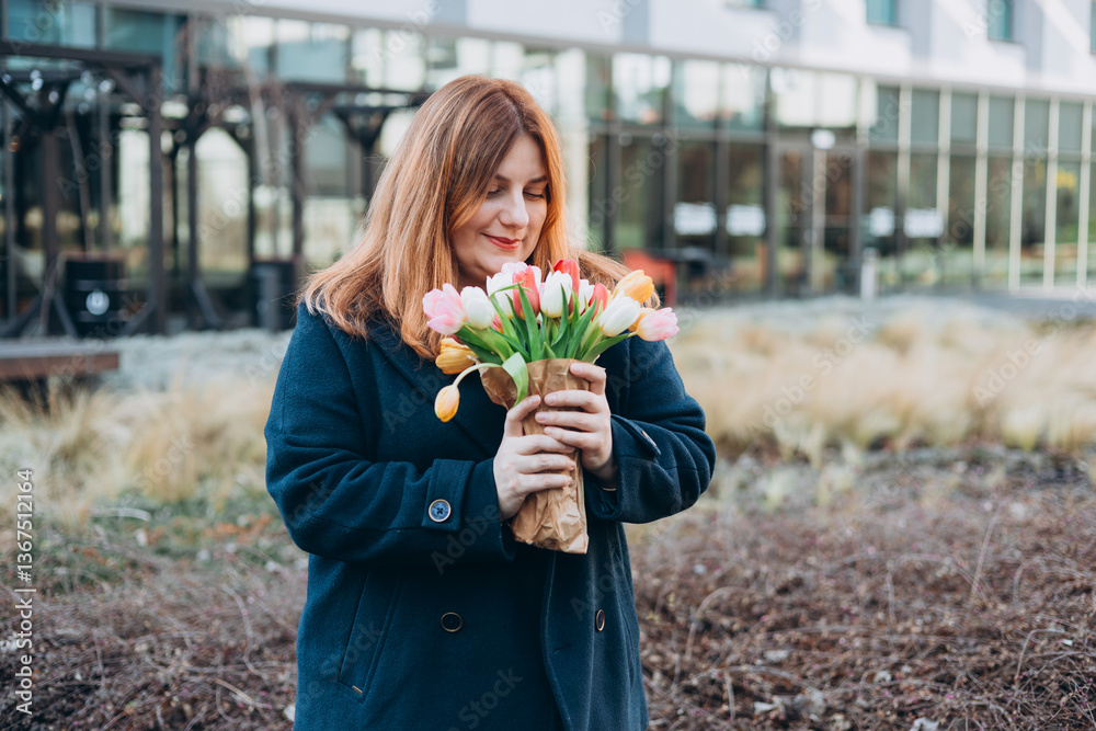 Beautiful young woman with spring tulips flowers bouquet walking at city street. Happy girl posing outdoors. Spring portrait of pretty female on urban background. High quality photo.