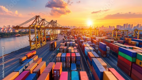 Wallpaper Mural A vibrant sunset illuminates a bustling shipping port filled with colorful containers and cranes, highlighting maritime trade and industry. Torontodigital.ca