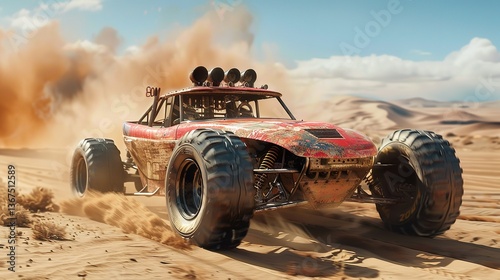 The photograph exhibits an in-depth view of an off-road buggy car causing sand ripples in the desert sandy dunes, Generative AI.