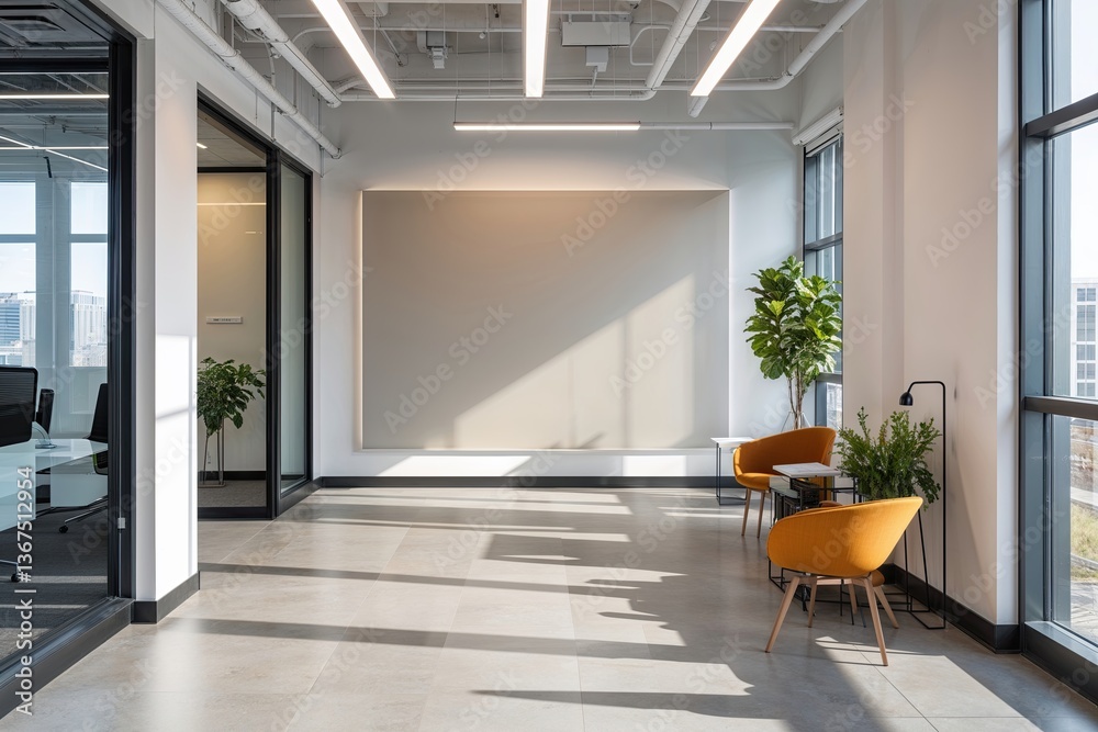 Spacious Bright Office Corridor Featuring Blank Accent Wall and Contemporary Interior Design