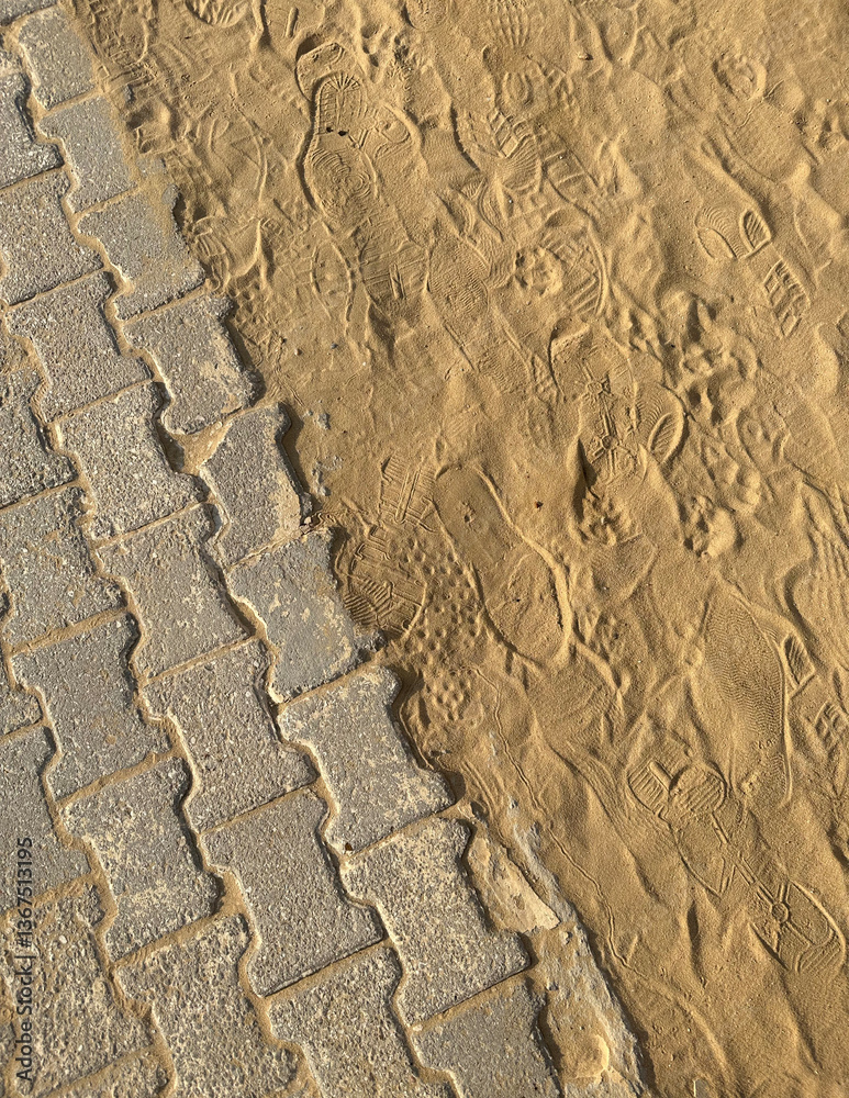Step traces of shoes on the sand near the Step Pyramid of Djoser at Saqqara, Egypt