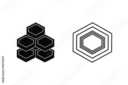 Geometric Hexagon Designs Abstract, Minimalist, Black, White, Cubes, Isometric, Honeycomb, Pattern, 