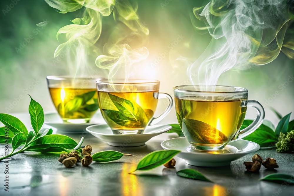 Double Exposure: Serene Teacups and Lush Green Leaves Double Exposure: Serene Teacups and Lush Green Leaves
