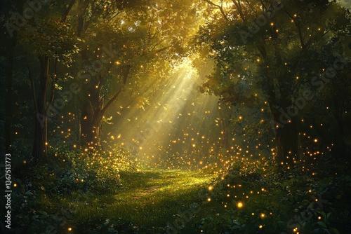 A secret glade where fireflies and golden mist swirl in a mesmerizing dance.