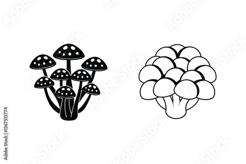 Mushroom Cluster Illustrations Black and White Fungi Designs