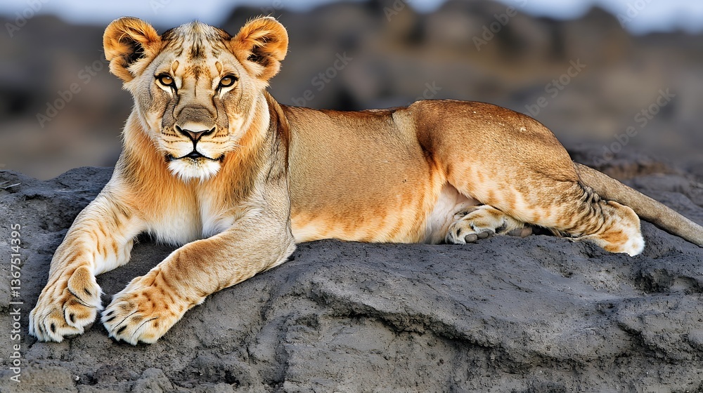 Fototapeta premium Majestic Young Lioness Resting on Rock, African Wildlife Photography