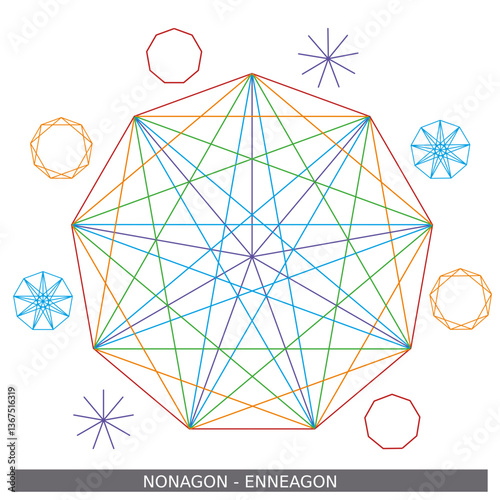 Illustration Nonagone Couleurs Arc-en-ciel Géométrie Sacrée Cercle Lumière Fréquence Vecteur