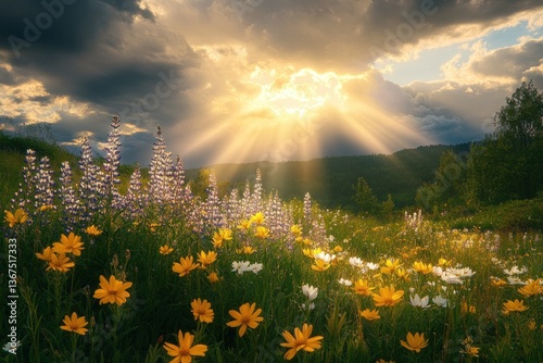 A sudden break in the clouds reveals golden beams cascading onto wildflowers.