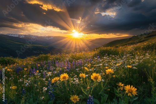 A sudden break in the clouds reveals golden beams cascading onto wildflowers.