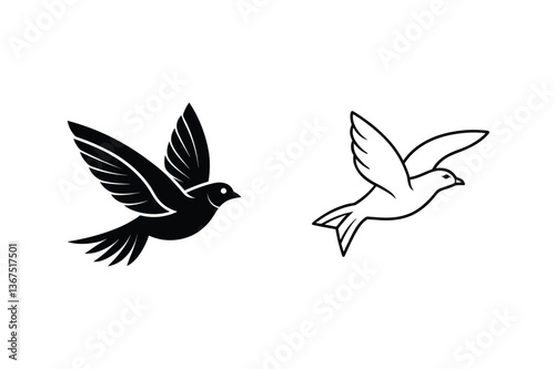 Two stylized bird silhouettes black and white avian flight designs