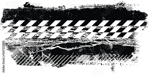 Glitch distorted grunge banner . Noise destroyed texture. Checkered race grunge flag . Overlay grunge texture .Distressed effect .Vector shapes with a speed lines and tire tracks screen print texture.