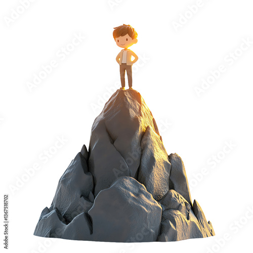 Transparent background, isolated png. State of mind cute 3d. Small Person Reaching a Mountain Peak at Sunrise