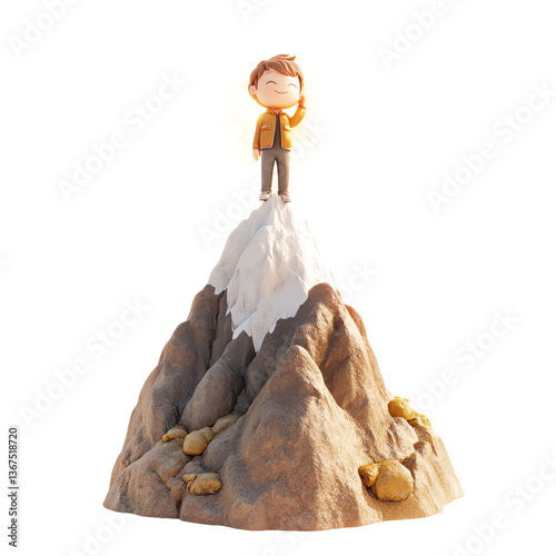 Transparent background, isolated png. State of mind cute 3d. Smiling Cartoon Boy Reaching the Mountaintop