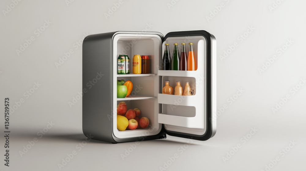 Mini refrigerator with open and closed door. Modern freezer or small fridge for hotel room. Cooler for product and meal storage. 3d vector illustration Mini refrigerator with open and closed door. Modern freezer or small fridge for hotel room. Cooler for product and meal storage. 3d vector illustration