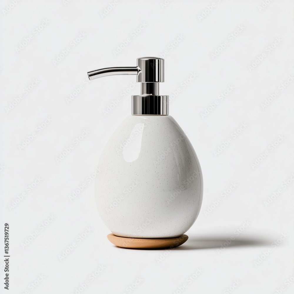 Obraz premium Elegant soap dispenser with a sleek design and natural base. bathroom items white ceramic soap dispenser with a stainless steel pump elegant, minimal isolated on white background 