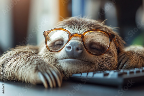 A sloth with glasses fell asleep on the keyboard while working. Tired as a sloth.