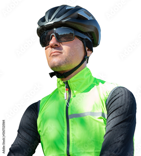 A man in clothes stands with a bicycle on an autumn sunny day. Cyclist in an urban environment.