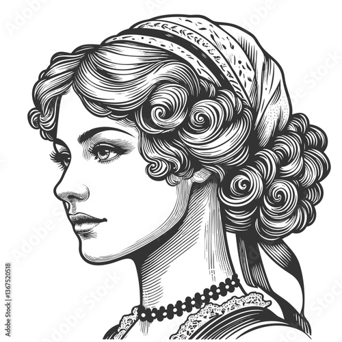 English graceful woman in profile view, styled with curly hair, headscarf, and necklace sketch engraving generative ai fictional character vector illustration. Scratch board. Black and white image.