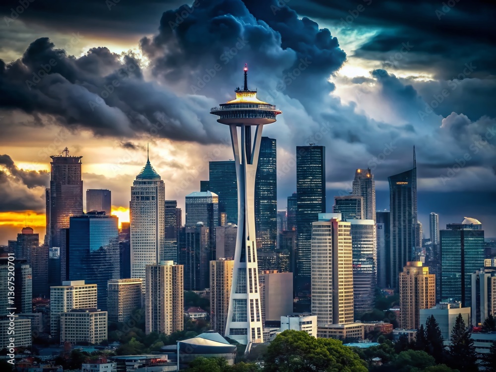 Dramatic Seattle Skyline, Dark Clouds, Cityscape, Rainy Day, Washington State