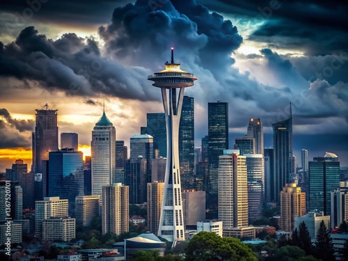 Obraz na płótnie Dramatic Seattle Skyline, Dark Clouds, Cityscape, Rainy Day, Washington State w salonie