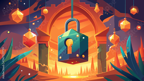 A lock hangs amidst a magical backdrop of twinkling orange lights. It's a scene of enchantment and security, symbolizing secrets and protected realms.