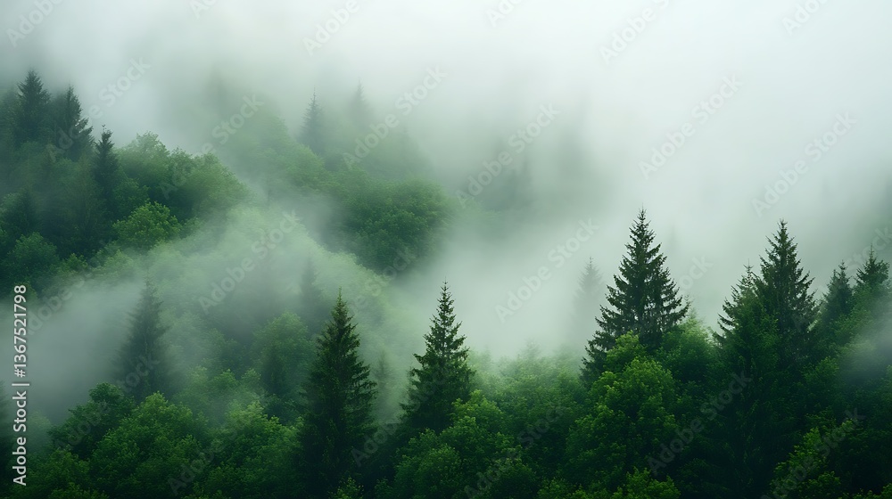 Fog Rolling Through Green Forest Trees Creating a Mystical Ambiance Fog Rolling Through Green Forest Trees Creating a Mystical Ambiance