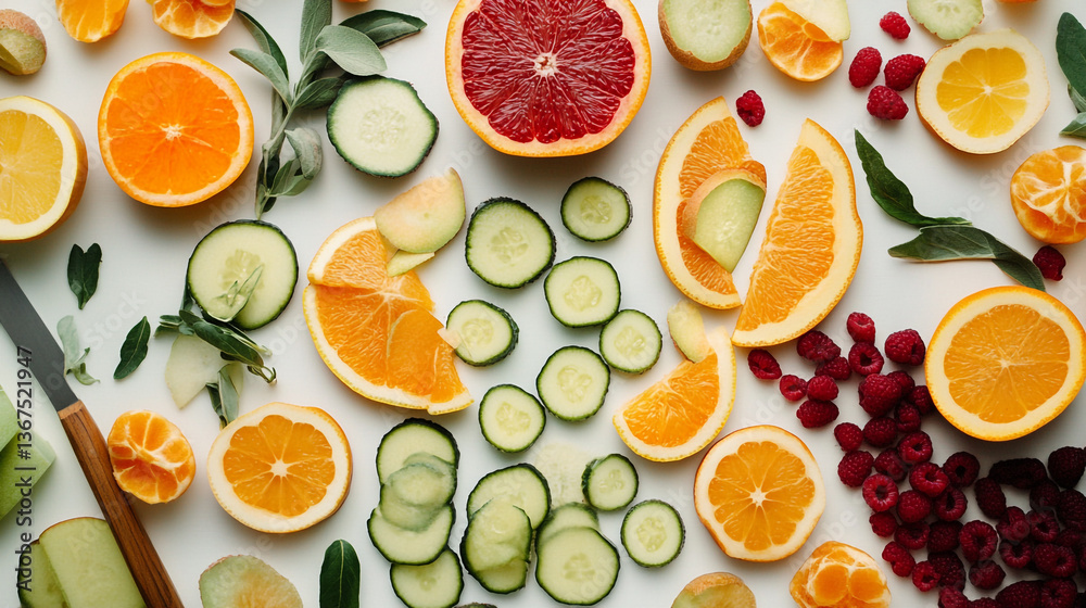 A flat lay of sliced citrus fruits cucumbers and raspberries on a white surface with a knife visible A flat lay of sliced citrus fruits cucumbers and raspberries on a white surface with a knife visible