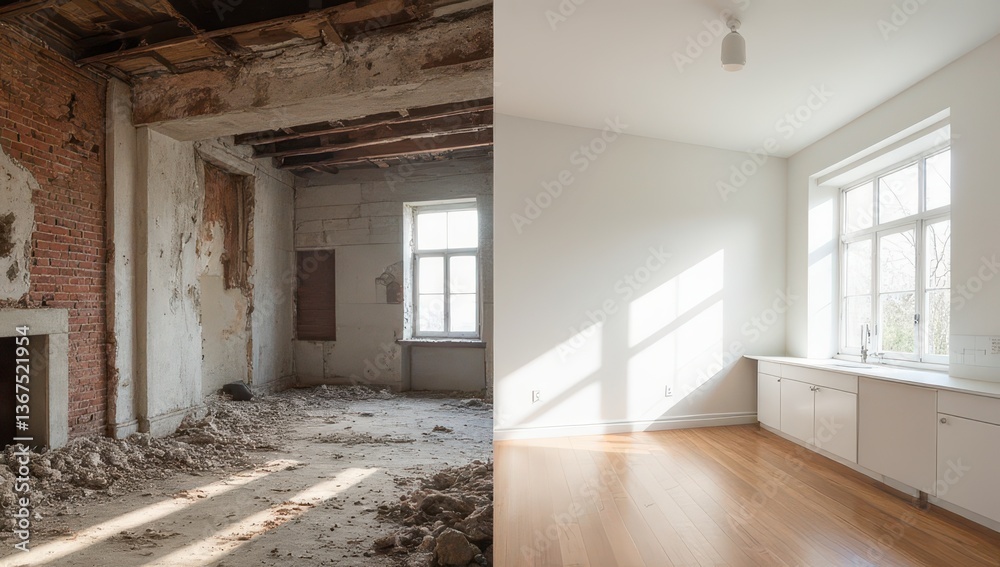 Obraz premium Before and After Room Renovation: From Derelict to Modern