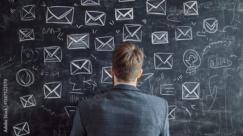 Writing and sending a lot of e-mail concept. Businessman drawing e-mail icons on chalkboard.
