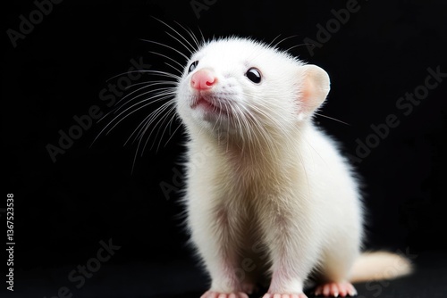 Albino ferret standing up, soft pink nose, white fluffy fur, curious expression, isolated.