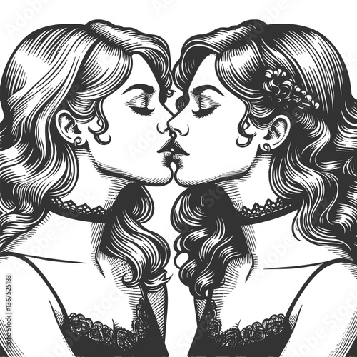 woman kissing her mirrored reflection. Elegant and surreal artwork with intricate line details sketch engraving generative ai vector illustration. Scratch board imitation. Black and white image.