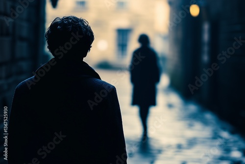 Silhouette of a person stalking a woman on a dark street