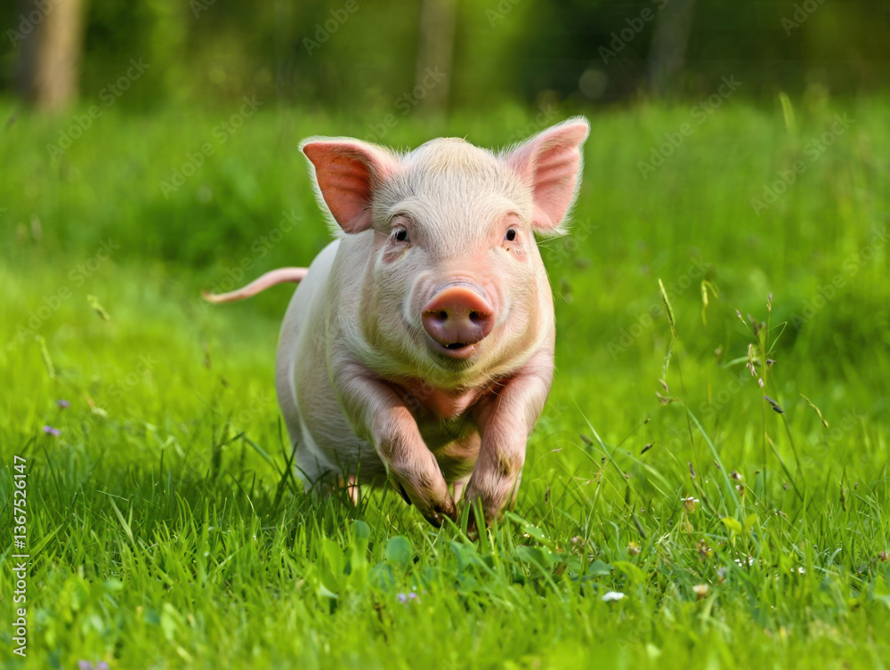 Happy Mini Pig: Running Through Field of Green. Happy Mini Pig: Running Through Field of Green.