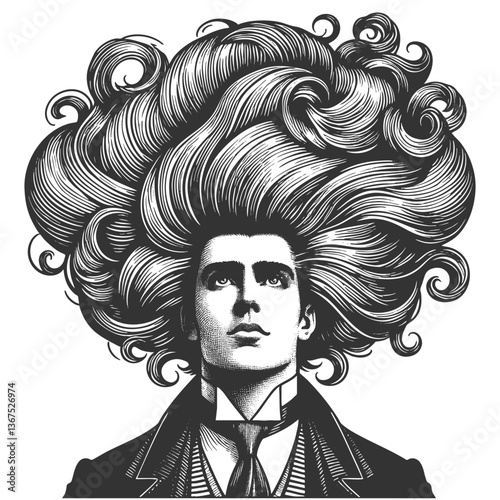gentleman with an incredibly large, curly hairstyle, blending humor, surrealism, and vintage artistic style sketch engraving generative ai vector illustration. Scratch board. Black and white image.